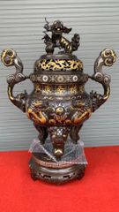 Bộ Ngũ Sự Bằng Đồng Đỏ Khảm Tam Khí Song Long Chầu Nguyệt Cao 60 Cm