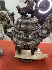 Bộ Ngũ Sự Bằng Đồng Đỏ Khảm Ngũ Sắc Song Long Chầu Nguyệt Cao 60 Cm