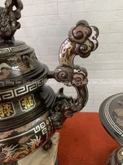 Bộ Ngũ Sự Bằng Đồng Đỏ Khảm Ngũ Sắc Song Long Chầu Nguyệt Cao 60 Cm