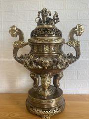 Bộ Tam Sự Nến Bằng Đồng Vàng Song Long Chầu Nguyệt Màu Hai Công Nghệ Cao 50 Cm