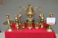 Bộ Ngũ Sự Bằng Đồng Cát Tút Song Long Chầu Nguyệt Cao 60 Cm + Đôi Đèn Cao  43cm Catut + Bộ Bát Hương