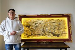 Tranh Đồng Vinh Quy Bái Tổ- Đồng Vàng- Kích Thước 170 x90 Cm- Khung Gỗ Sồi - Dát Vàng Khung