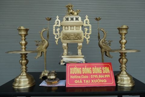 Bộ Ngũ Sự Bằng Đồng Vàng Song Long Chầu Nguyệt- Đỉnh Vuông - Cao 60cm