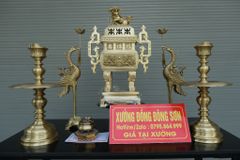 Bộ Ngũ Sự Bằng Đồng Vàng Song Long Chầu Nguyệt- Đỉnh Vuông - Cao 60cm