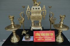 Bộ Ngũ Sự Bằng Đồng Vàng Song Long Chầu Nguyệt- Đỉnh Vuông - Cao 60cm