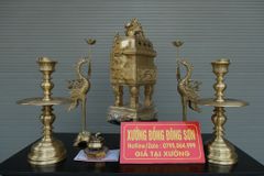 Bộ Ngũ Sự Bằng Đồng Vàng Song Long Chầu Nguyệt- Đỉnh Vuông - Cao 60cm
