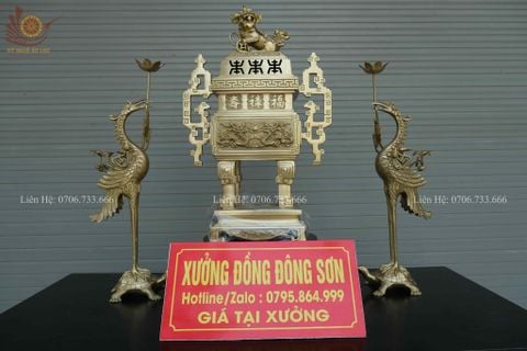 Bộ Tam Sự Hạc Bằng Đồng Vàng Song Long Chầu Nguyệt- Đỉnh Vuông - Cao 60cm