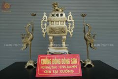 Bộ Tam Sự Hạc Bằng Đồng Vàng Song Long Chầu Nguyệt- Đỉnh Vuông - Cao 60cm