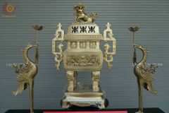 Bộ Tam Sự Hạc Bằng Đồng Vàng Song Long Chầu Nguyệt- Đỉnh Vuông - Cao 60cm