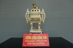 Bộ Ngũ Sự Bằng Đồng Vàng Song Long Chầu Nguyệt- Đỉnh Vuông - Cao 60cm