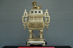 Bộ Ngũ Sự Bằng Đồng Vàng Song Long Chầu Nguyệt- Đỉnh Vuông - Cao 60cm