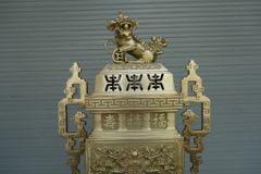 Bộ Ngũ Sự Bằng Đồng Vàng Song Long Chầu Nguyệt- Đỉnh Vuông - Cao 60cm