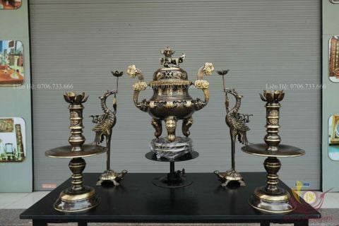 Bộ Ngũ Sự Bằng Đồng Vàng Hoa Sòi Màu Hai Công Nghệ Cao 50 Cm