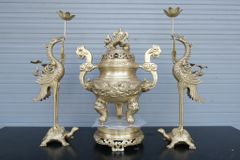 Bộ Tam Sự Hạc Bằng Đồng Vàng Song Long Chầu Nguyệt Cao 45 Cm