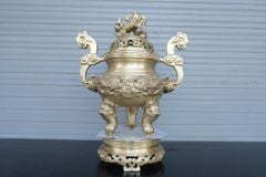 Bộ Tam Sự Hạc Bằng Đồng Vàng Song Long Chầu Nguyệt Cao 45 Cm