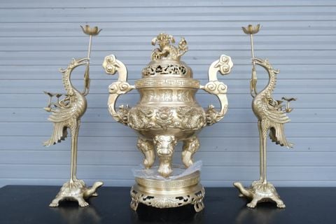 Bộ Tam Sự Hạc Bằng Đồng Vàng Song Long Chầu Nguyệt Cao 50 Cm