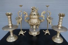 Bộ Ngũ Sự Bằng Đồng Vàng Song Long Chầu Nguyệt Cao 60 Cm - Chữ Việt