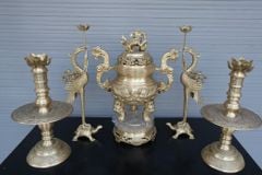 Bộ Ngũ Sự Bằng Đồng Vàng Song Long Chầu Nguyệt Cao 60 Cm - Chữ Việt