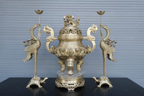 Bộ Tam Sự Hạc Bằng Đồng Vàng Song Long Chầu Nguyệt Cao 60 Cm- Chữ Việt