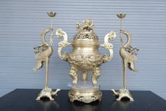 Bộ Tam Sự Hạc Bằng Đồng Vàng Song Long Chầu Nguyệt Cao 60 Cm- Chữ Việt