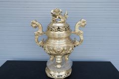 Bộ Tam Sự Hạc Bằng Đồng Vàng Song Long Chầu Nguyệt Cao 60 Cm- Chữ Việt
