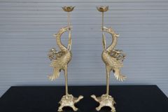Bộ Tam Sự Hạc Bằng Đồng Vàng Song Long Chầu Nguyệt Cao 60 Cm- Chữ Việt