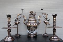 Bộ Đỉnh Đồng Ngũ Sự Đồng Đỏ Khảm Tam Khí Hoa Sòi Cao 60 Cm