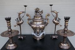 Bộ Đỉnh Đồng Ngũ Sự Đồng Đỏ Khảm Tam Khí Hoa Sòi Cao 60 Cm