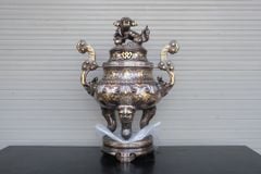 Bộ Đỉnh Đồng Ngũ Sự Đồng Đỏ Khảm Tam Khí Hoa Sòi Cao 60 Cm