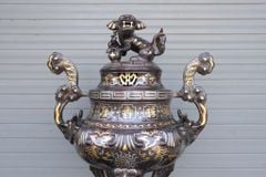 Bộ Đỉnh Đồng Ngũ Sự Đồng Đỏ Khảm Tam Khí Hoa Sòi Cao 60 Cm