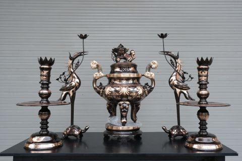 Bộ Ngũ Sự Bằng Đồng Đỏ Phớt Nỉ Nguyên Khối Hoa Sòi Cao 60 Cm