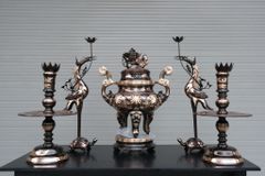 Bộ Ngũ Sự Bằng Đồng Đỏ Phớt Nỉ Nguyên Khối Hoa Sòi Cao 60 Cm