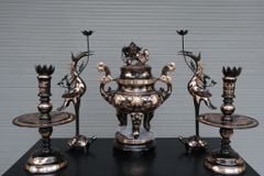 Bộ Ngũ Sự Bằng Đồng Đỏ Phớt Nỉ Nguyên Khối Hoa Sòi Cao 60 Cm