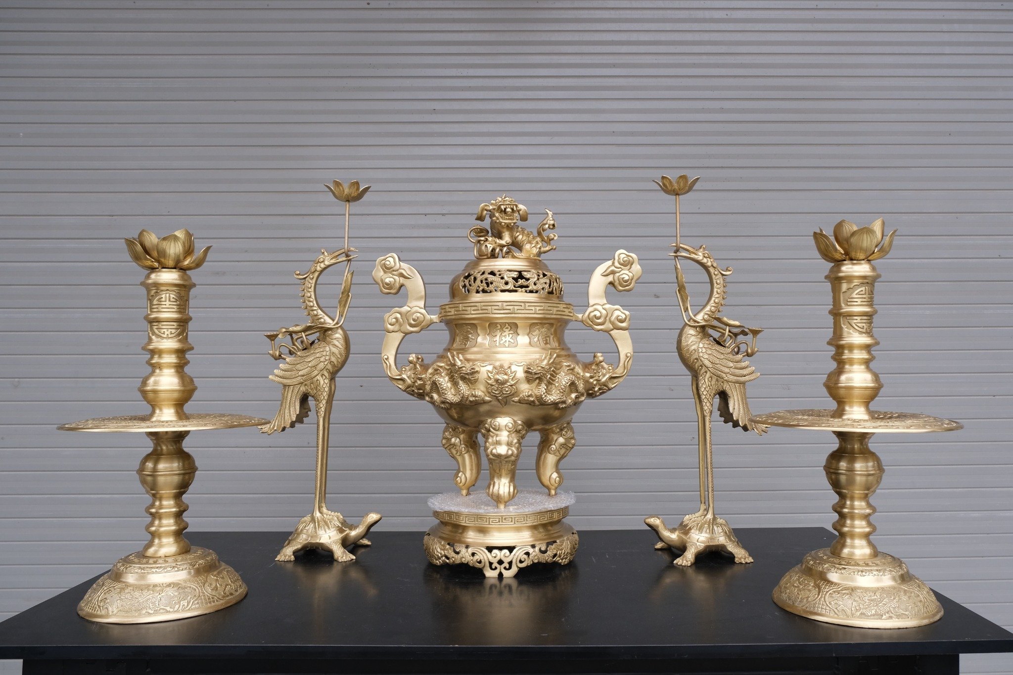 Bộ Ngũ Sự Bằng Đồng Vàng Song Long Chầu Nguyệt Cao 60 Cm+ Ống Hương 29 ...