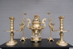 Bộ Ngũ Sự Bằng Đồng Vàng Song Long Chầu Nguyệt Cao 60 Cm+ Ba Đài