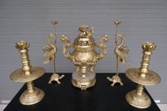 Bộ Ngũ Sự Bằng Đồng Vàng Song Long Chầu Nguyệt Cao 60 Cm