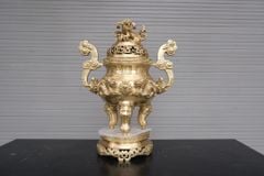 Bộ Đỉnh Đồng Ngũ Sự Đồng Vàng Song Long Chầu Nguyệt Cao 60 Cm+ Mâm 30