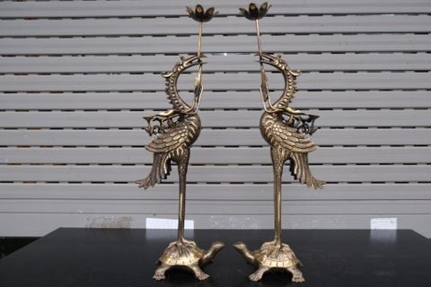 Đôi Hạc Đồng Cao 62Cm Chất Liệu Đồng Vàng Màu Hun Nâu Giả Cổ