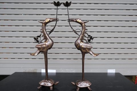 Đôi Hạc Đồng Cao 65Cm Chất Liệu Đồng Đỏ Khảm Tam Khí
