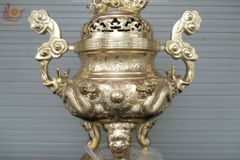 Bộ Đỉnh Đồng Ngũ Sự Đồng Cát Tút Song Long Chầu Nguyệt Cao 50 Cm + Bộ Ngai 3 Chén Catut