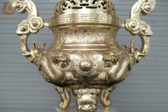 Bộ Đỉnh Đồng Ngũ Sự Đồng Cát Tút Song Long Chầu Nguyệt Cao 50 Cm + Bộ Ngai 3 Chén Catut