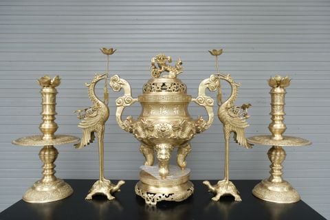 Bộ Ngũ Sự Bằng Đồng Vàng Song Long Chầu Nguyệt Cao 65 Cm