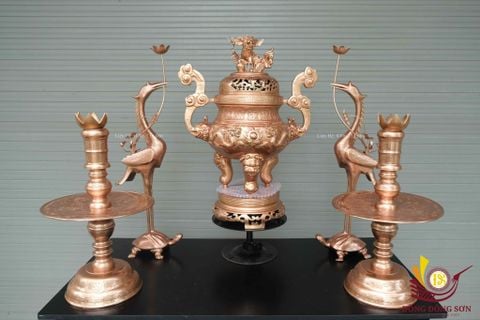 Bộ Ngũ Sự Bằng Đồng Đỏ- Họa Tiết Song Long Chầu Nguyệt - Cao 70cm
