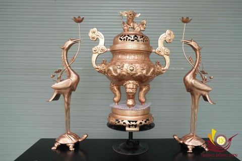 Bộ Tam Sự Hạc Bằng Đồng Đỏ Song Long Chầu Nguyệt Cao 70 Cm