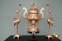 Bộ Tam Sự Hạc Bằng Đồng Đỏ Song Long Chầu Nguyệt Cao 70 Cm