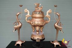 Bộ Tam Sự Hạc Bằng Đồng Đỏ Song Long Chầu Nguyệt Cao 70 Cm