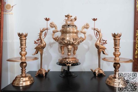 Bộ Ngũ Sự Bằng Đồng Đỏ Song Long Chầu Nguyệt Cao 60 Cm
