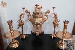 Bộ Ngũ Sự Bằng Đồng Đỏ Song Long Chầu Nguyệt Cao 60 Cm + Đôi Đèn Cao 43cm