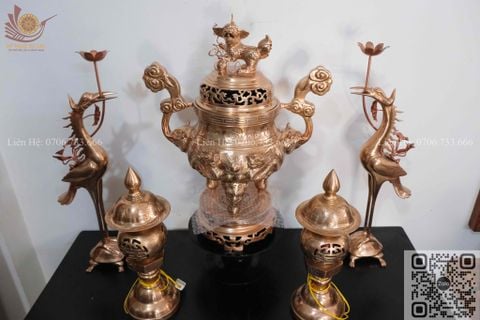 Bộ Tam Sự Hạc Bằng Đồng Đỏ Song Long Chầu Nguyệt Cao 60 Cm + Đèn Cao 43cm