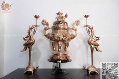 Bộ Tam Sự Hạc Bằng Đồng Đỏ Song Long Chầu Nguyệt Cao 60 Cm + Đèn Cao 43cm